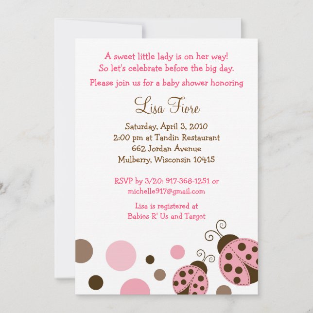 Rosa Mod Ladybug Dot Baby Shower-inbjudningar Inbjudningar (Framsida)