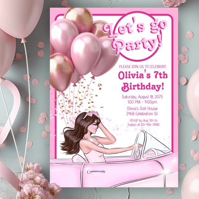 Rosa modepuppe bil födelsedagsfest inbjudningar (Girl pink fashion doll in car birthday party invitation. Simply add your event details.)