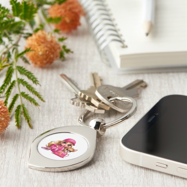 Rosa modepuppe och valp filtblänket swirl silverfärgad nyckelring (Sidan)