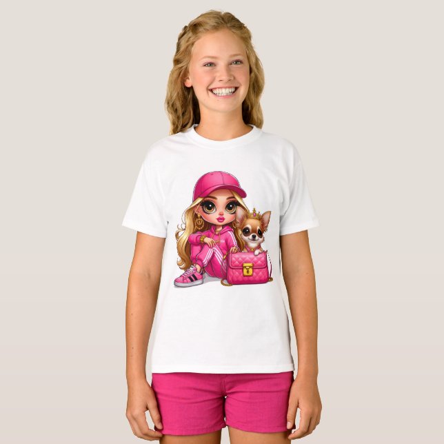 Rosa modepuppe och valp filtblänta t shirt (Hel framsida)