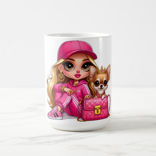 Rosa modepuppe och valp filtmadrass kaffemugg (Center)