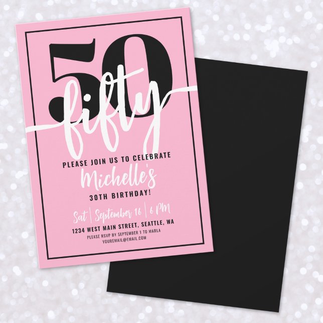 Rosa Modern 50-års Födelsedagsfest Inbjudningar (Pink Modern 50th Birthday Party Invitation)