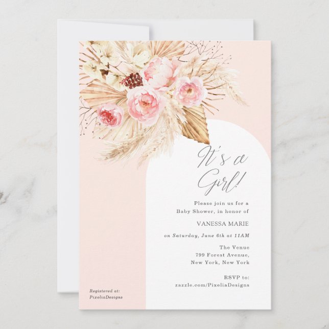 Rosa Modern Arch Boho Blommigt Pampas sin tjej Inbjudningar (Framsida)