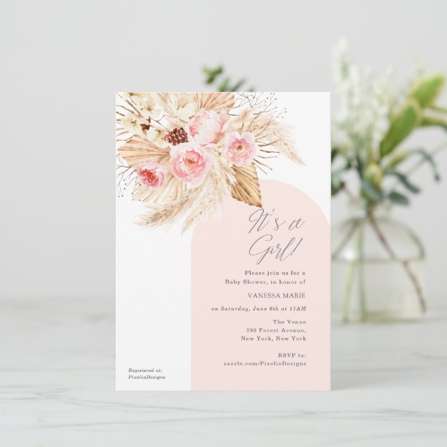 rosa modern arch sin tjej boho blommigt pampas inbjudningar (Stående Fram)