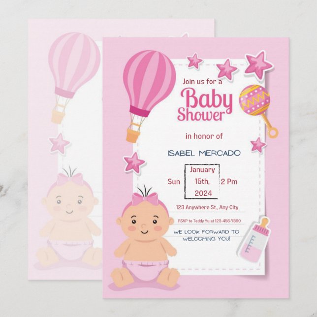 Rosa Modern Baby Shower Inbjudningar (Fram/baksida)