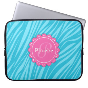Rosa Modern blomma i monogram Aqua Blue Zebra tryc Laptop Fodral