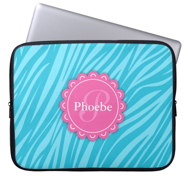 Rosa Modern blomma i monogram Aqua Blue Zebra tryc Laptop Fodral (Framsidan)