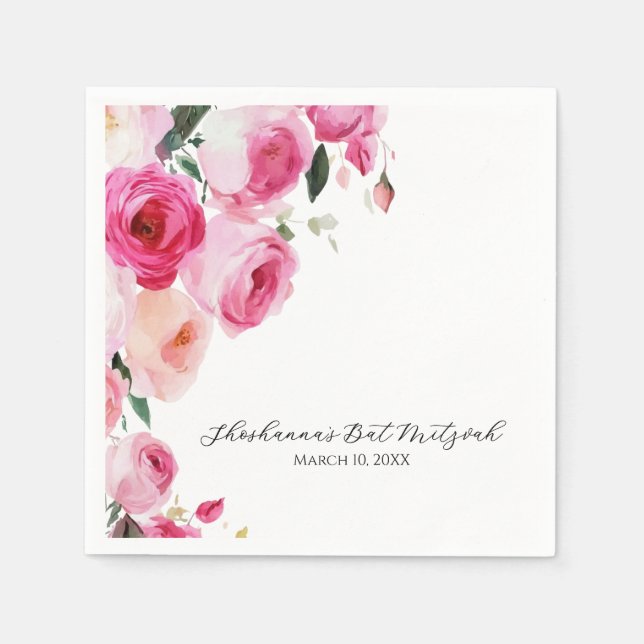 Rosa modern blommig Bat Mitzvah Pappersservett (Framsidan)