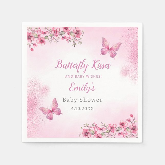 Rosa Modern Blommigt Butterfly Girl Baby Shower Pappersservett (Framsidan)