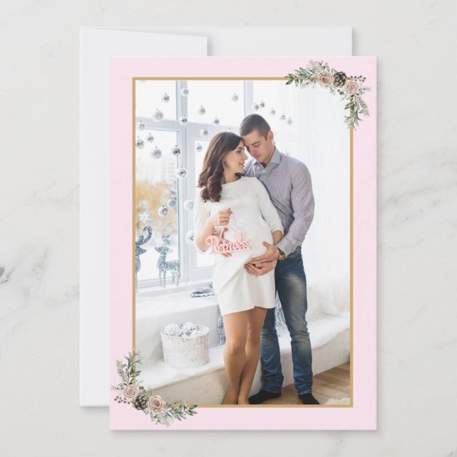 Rosa Modern Blommigt Photo Gravid  i julafton Inbjudningar (Framsida)