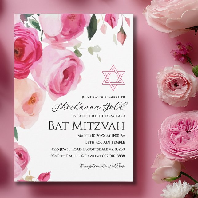 Rosa modern blomsterlig Bat Mitzvah-inbjudan Inbjudningar (Skapare uppladdad)