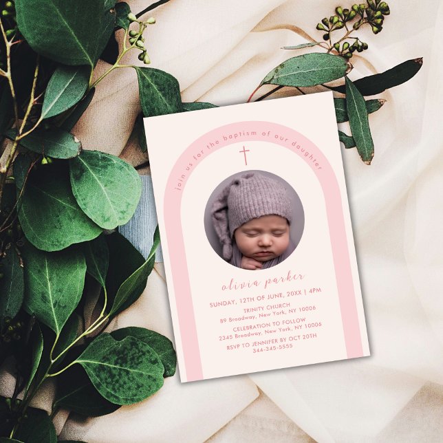 Rosa Modern Boho Arch Kor Girl Photo Baptism Inbjudningar (Pink Modern Boho Arch Cross Girl Photo Baptism Invitation)