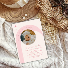 Rosa Modern Boho Arch Kor Girl Photo Baptism Inbjudningar