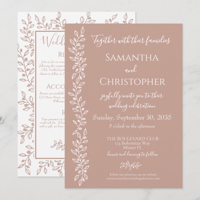  Rosa Modern Boho Botanical Minimal Bröllop Inbjudningar (Fram/baksida)