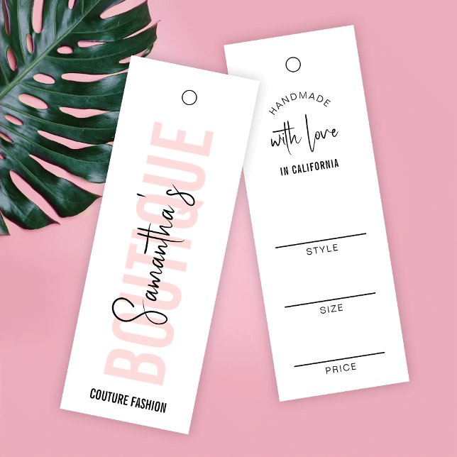  Rosa Modern Clothing Pris Märkre Label Litet Visitkort (Trendy blush pink and white thin clothing hang tags with fully editable text and colors)