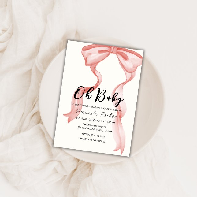 Rosa Modern Elegant Bow Girl Baby Shower Inbjudningar (Pink Modern Elegant Bow Girl Baby Shower Invitation)