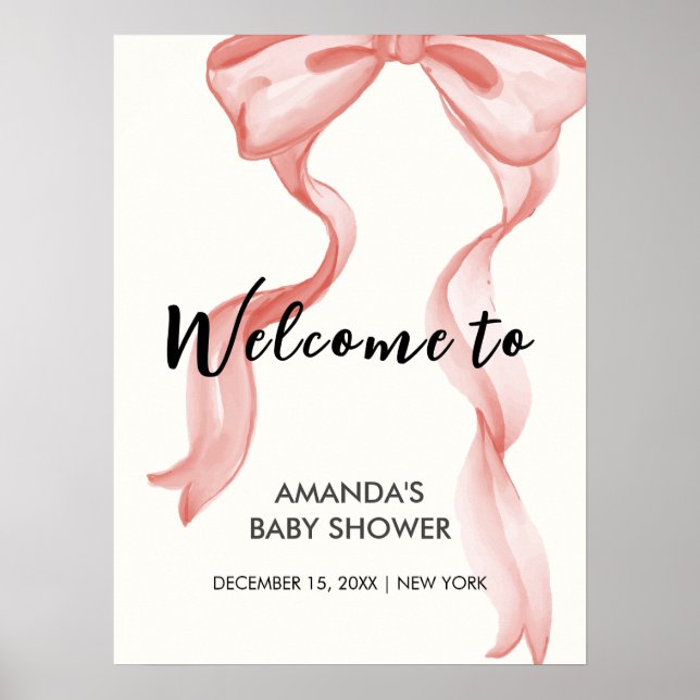 Rosa Modern Elegant Bow Girl Baby Shower Välkommen Poster (Framsidan)