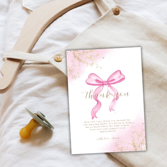 Rosa modern elegant vattenfärg båge baby shower  tack kort (Pink Modern Elegant Watercolor Bow Baby Shower Thank You Card)