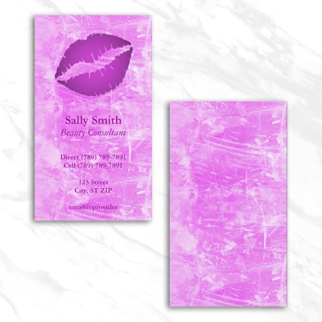 Rosa Modern Fals Textur Lila Läppar Visitkort (Pink Modern Faux Texture Purple Lips Business Card)