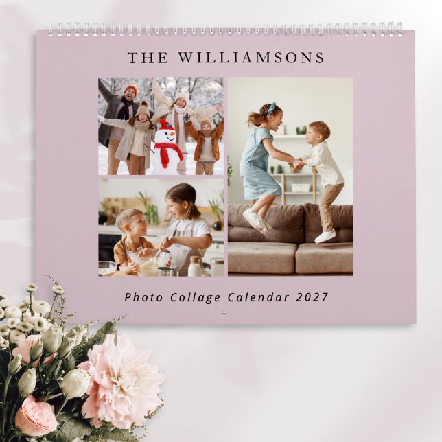 Rosa Modern Familjefotokollage 2027 Kalender (A modern family photo collage calendar, with dusty pink cover, and custom name, title, and year)