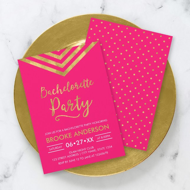 Rosa Modern Faux Guld Chevron Bachelorette Party Inbjudningar (Skapare uppladdad)