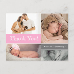 Rosa Modern flicka fotocollage Baby Shower Vykort