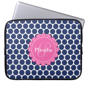 Rosa Modern Flower Monogram Blue Polka Dot Mönster Laptop Fodral