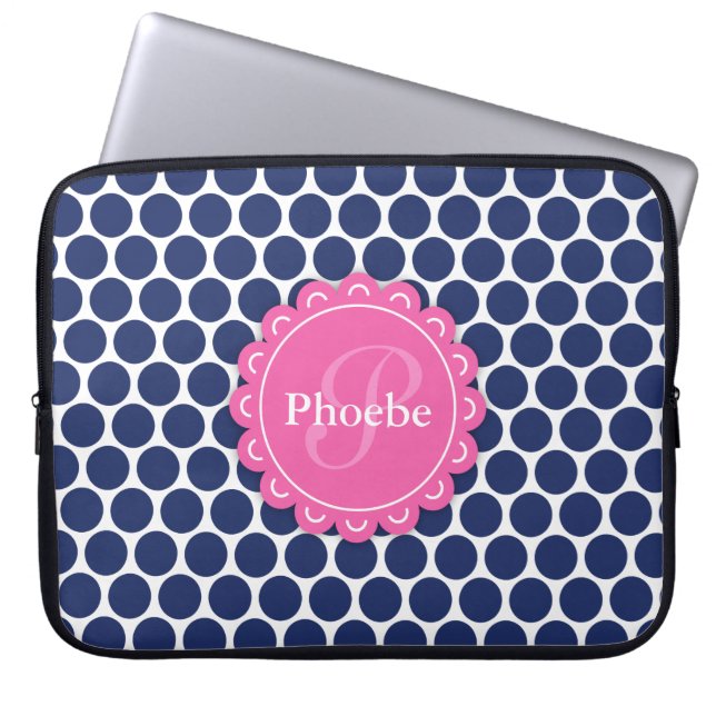 Rosa Modern Flower Monogram Blue Polka Dot Mönster Laptop Fodral (Framsidan)