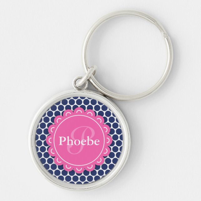 Rosa Modern Flower Monogram Blue Polka Dot Mönster Rund Silverfärgad Nyckelring (Framsidan)