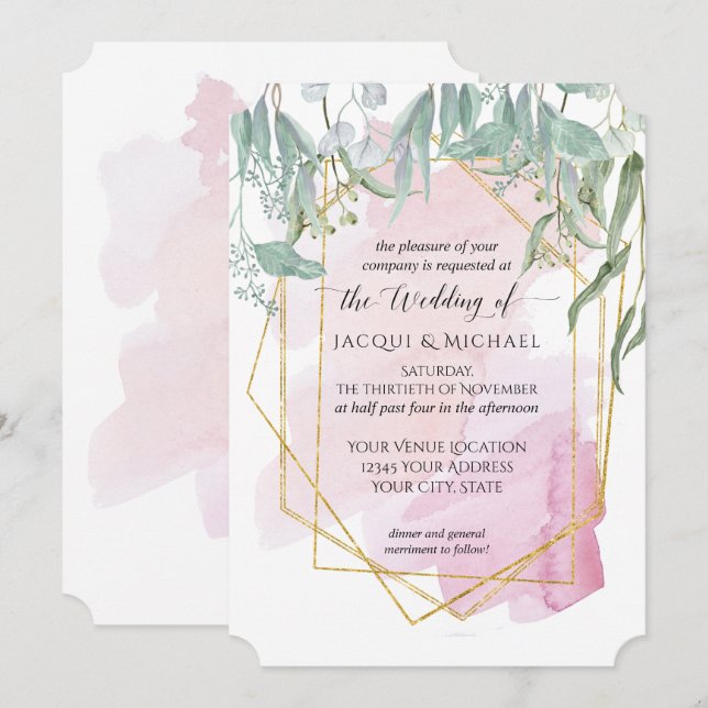  Rosa Modern Geometric Watercolor Eucalyptus Inbjudningar (Fram/baksida)