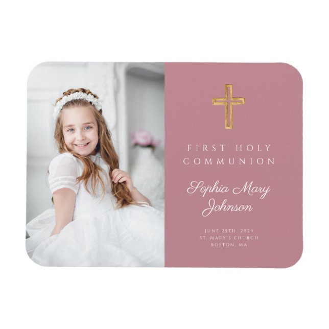 Rosa Modern Girl First Heliga Communion Photo Magnet (Horisontell)