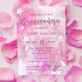 Rosa Modern Glam Gleaming Starry Quinceañera Inbjudningar