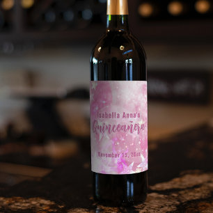 Rosa Modern Glam Gleaming Starry Quinceañera Vinflaska Etikett