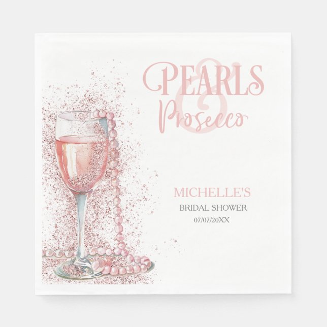  Rosa Modern Glitter Pearls och Prosecco Pappersservett (Framsidan)