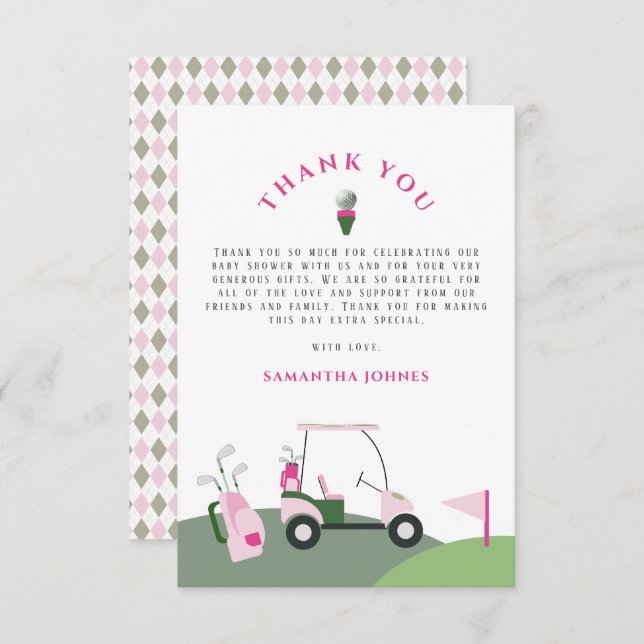 Rosa Modern Golf Baby Shower Tack Kort (Fram/baksida)