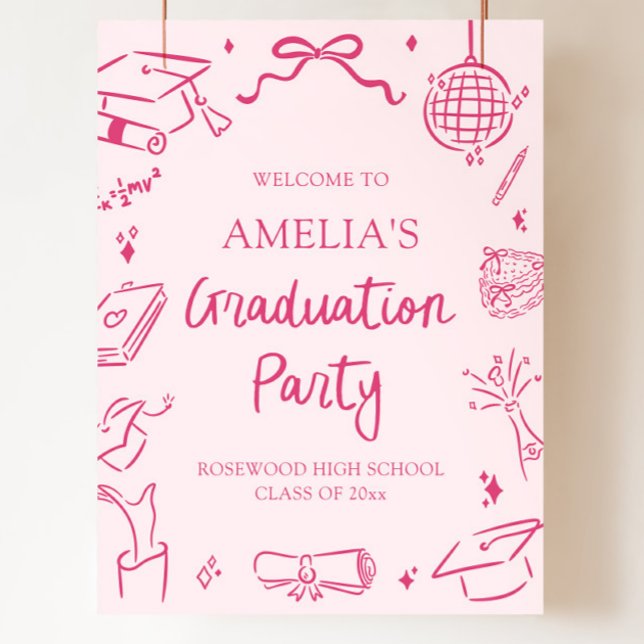 Rosa Modern Handritad Välkomstskylt för Examenfest Poster (Pink Modern Hand Drawn Graduation Party Welcome Sign)