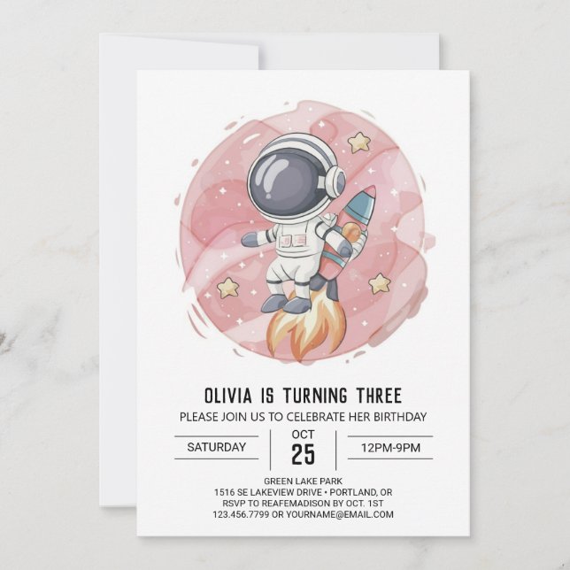 Rosa Modern Journey Astronaut Birthday Inbjudningar (Framsida)
