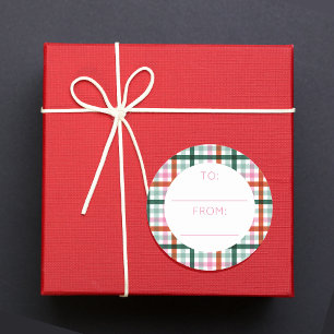 Rosa Modern jul till Gingham Runt Klistermärke