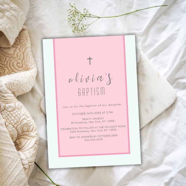 Rosa Modern Kor Christening Girl Baptism Inbjudningar (Pink Modern Cross Christening Girl Baptism Invitation)