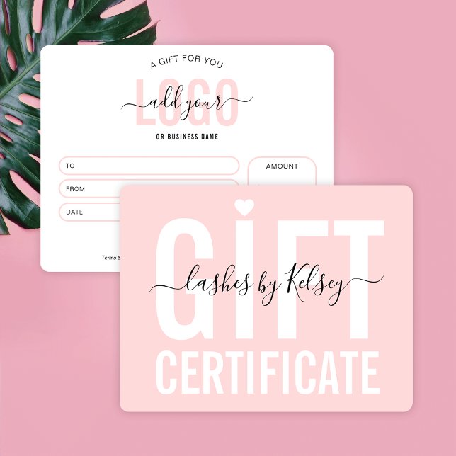  Rosa Modern Logotyp Beauty Salon Gift Voucher Kort (Fully editable feminine blush pink business gift certificate design with space for your logo)