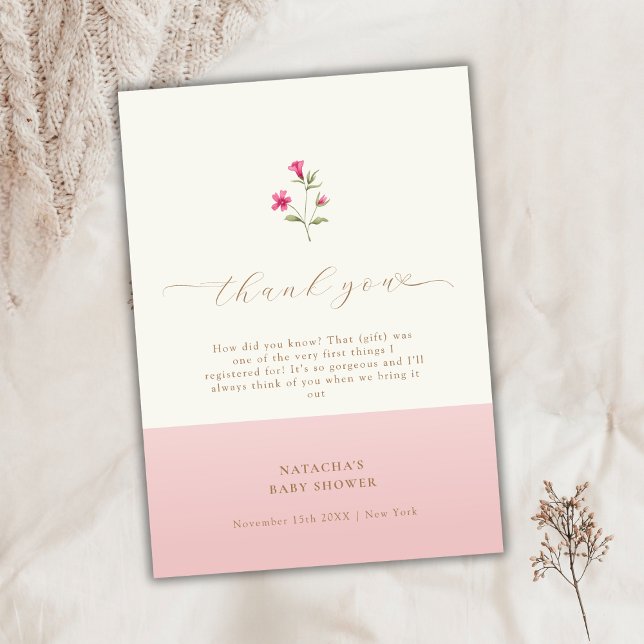 Rosa Modern Minimal Boho WildblomBaby Shower Tack Kort (Pink Modern Minimal Boho Wildflower Baby Shower Thank You Card)