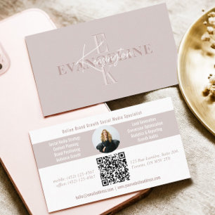 Rosa Modern Minimal Monogram Skrift Foto QR-kod Visitkort