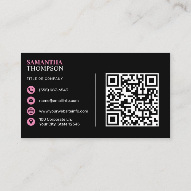 Rosa Modern Minimalist Professionell QR-kod svart Visitkort (Baksida)