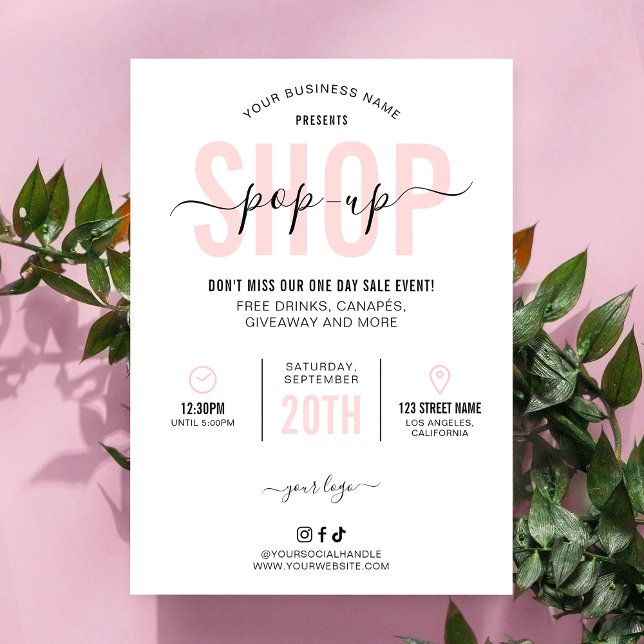 Rosa Modern POP-up-dag på Marknadsföring-flygmarkn Inbjudningar (Feminine pink and white Pop-Up Shop invitation with fully editable text & colors)