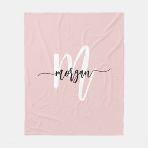 Rosa Modern Script Girly Monogram Namn Fleecefilt