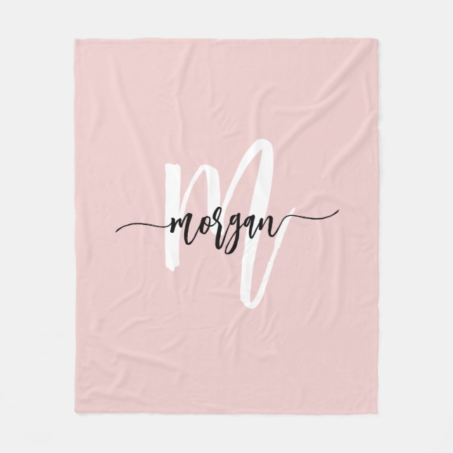  Rosa Modern Script Girly Monogram Namn Fleecefilt (Framsidan)