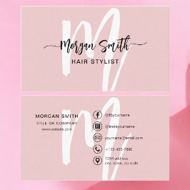 Rosa Modern Script Girly Monogram Namn Visitkort