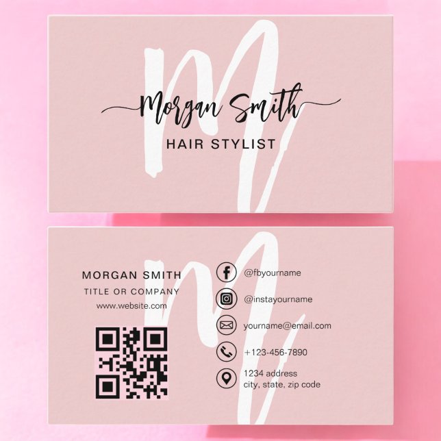 Rosa Modern skript QR-kodmonogram Namn Visitkort (Skapare uppladdad)