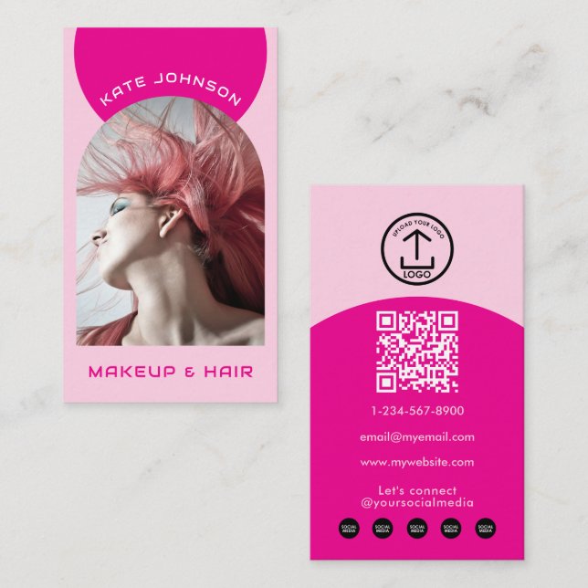 Rosa Modern Smink Hår Båge Foto QR-kod Logotyp Visitkort (Fram/baksida)