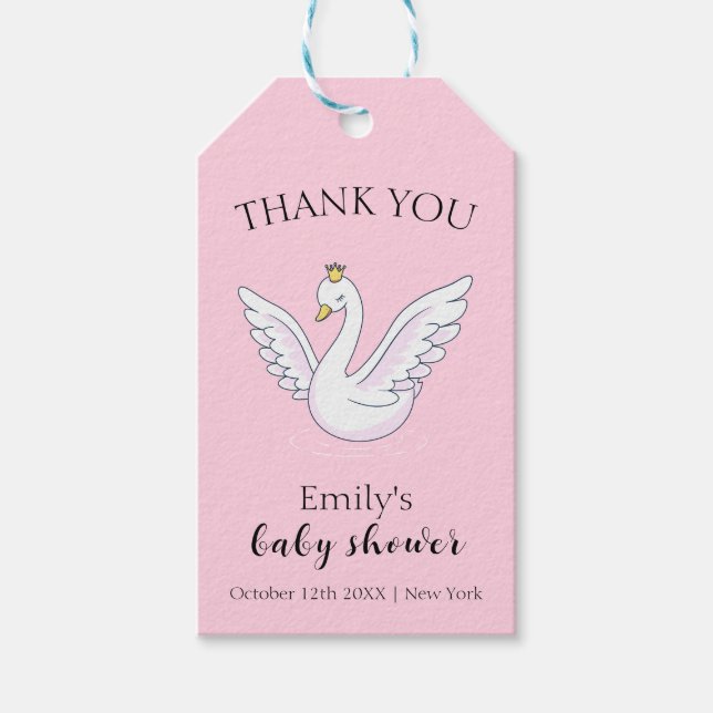 Rosa Modern Sweet Princess Svan Baby Shower Presentetikett (Framsidan)